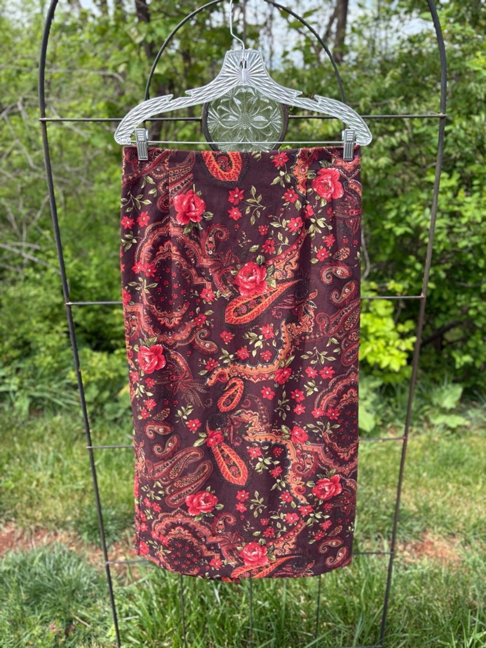 Vintage Briggs New York Brown Midi Skirt Red Floral Print Paisley Women Size 12